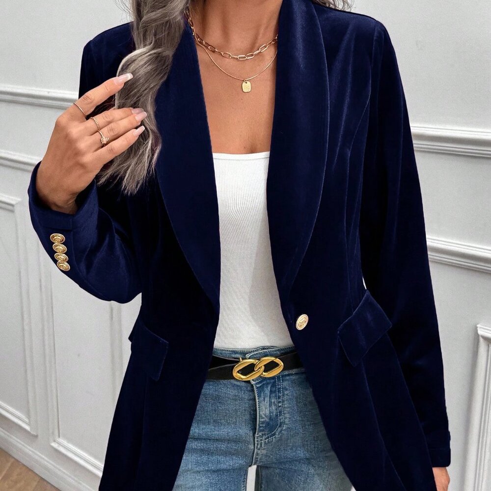 Navy Blue Elegant Women's Velvet Blazer
